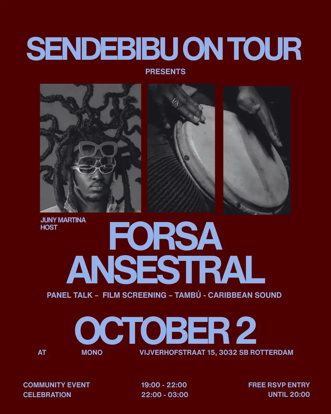 Promotional image for Sendebibu's Forsa Ansestral tambú event at Mono, Amsterdam