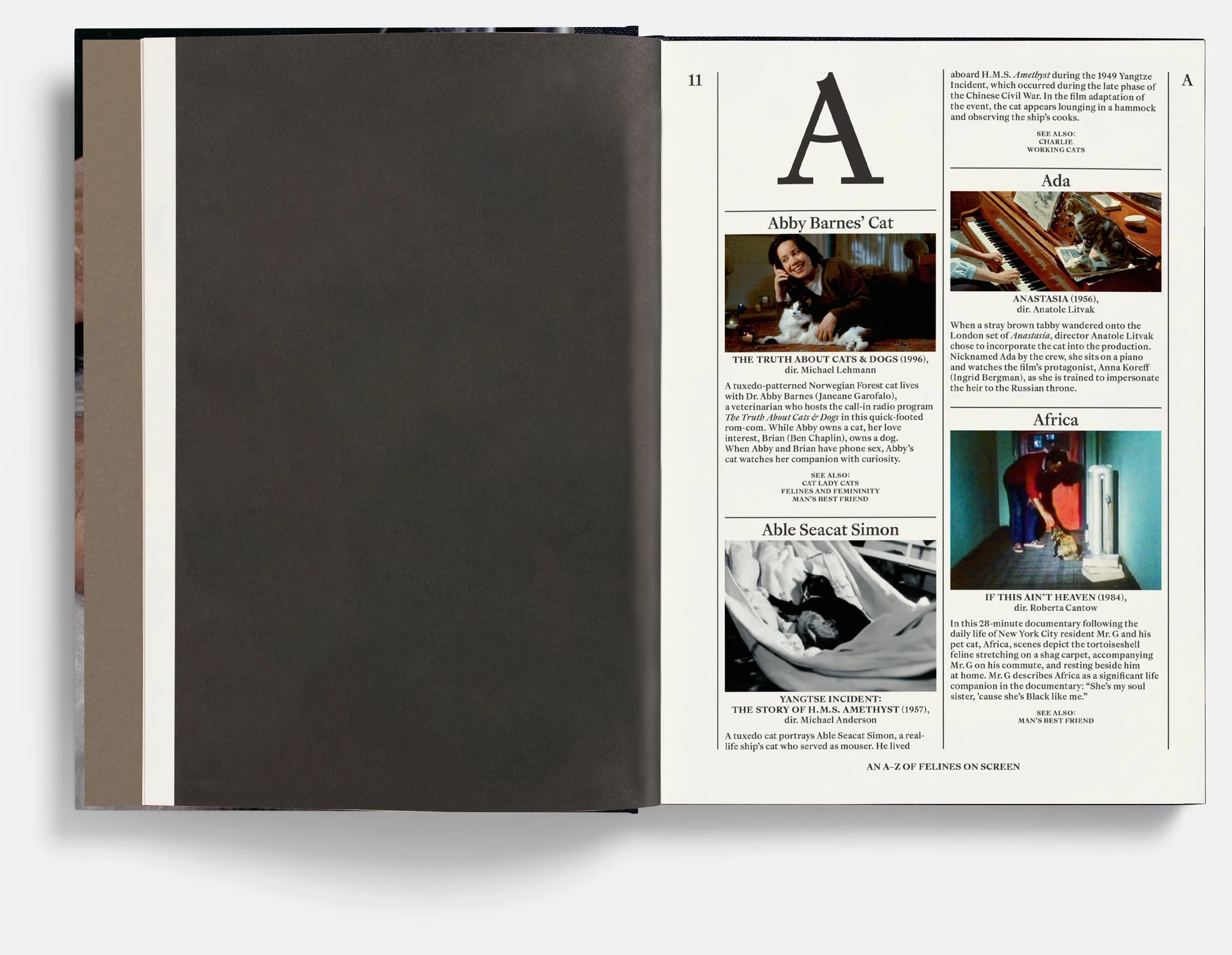 Interior spread showing a cat entry formatted like a credited filmography