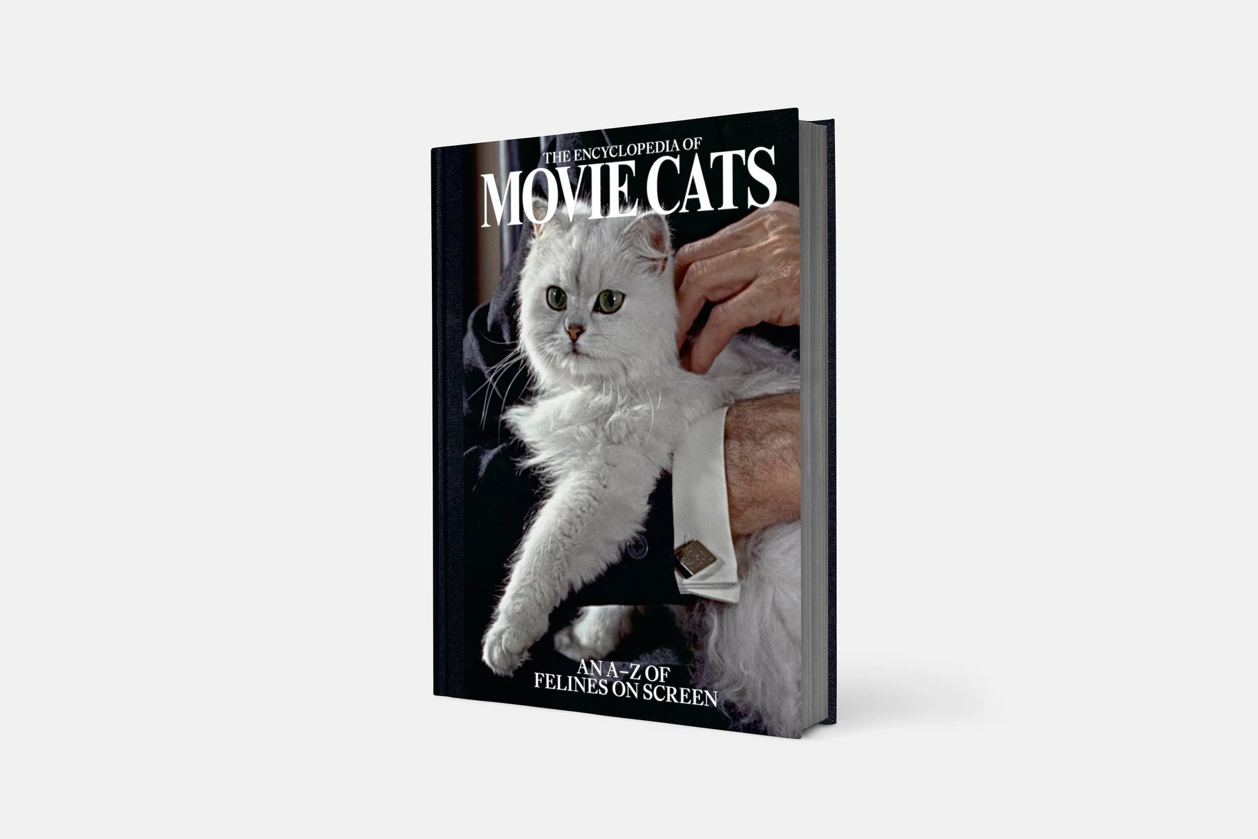 The gray, matte cover of The Encyclopedia of Movie Cats, angled, shot against a plain backdrop
