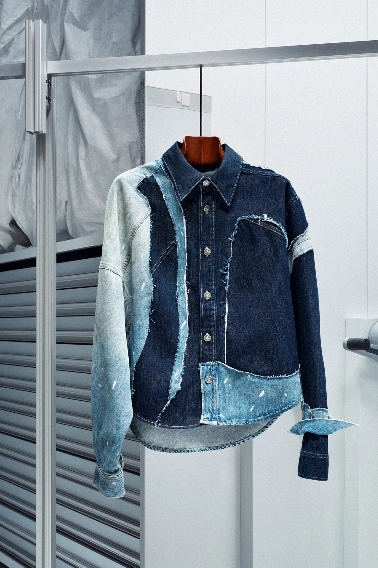 Patchworked denim and shirting piece from the capsule, detail view