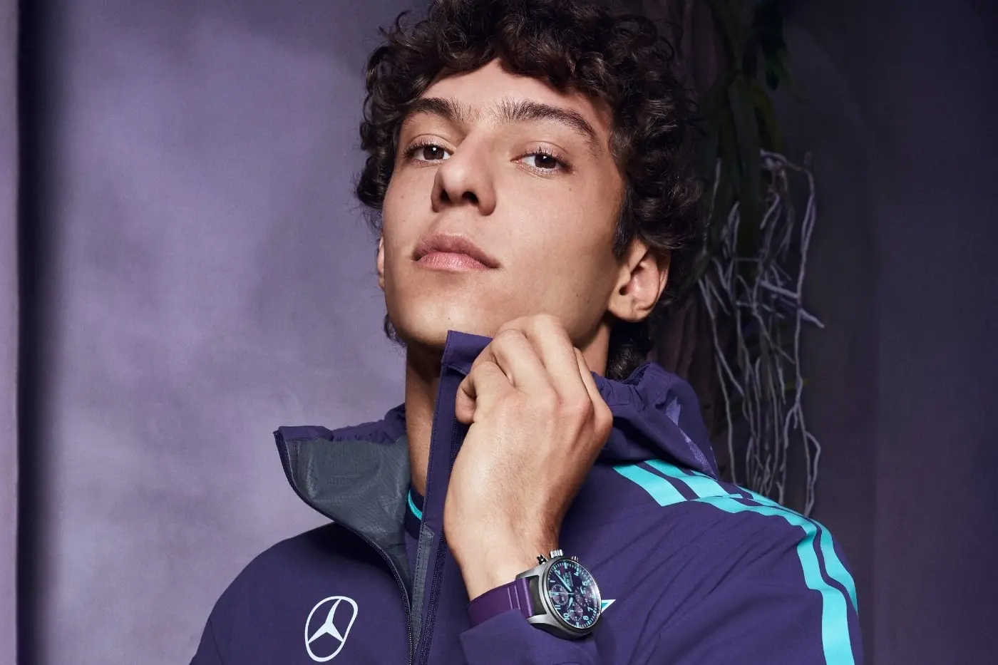 IWC Pilot's Watch Chronograph 41 with violet dial, shot straight on against a dark ground