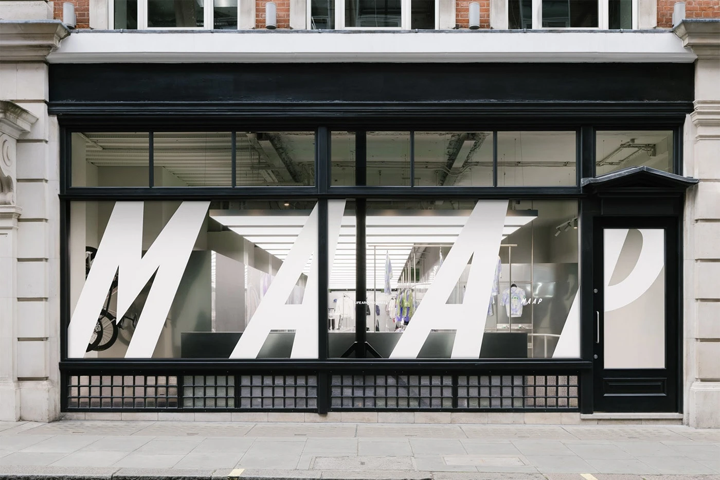 Storefront view of MAAP's new LaB concept shop on Great Pulteney Street in Soho, London
