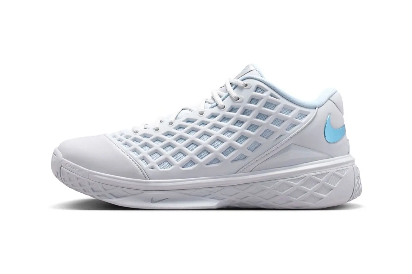 Lateral view of the Nike Kobe 3 Low Protro in Pure Platinum, white lattice-cage upper with an Armory Blue Swoosh at the heel