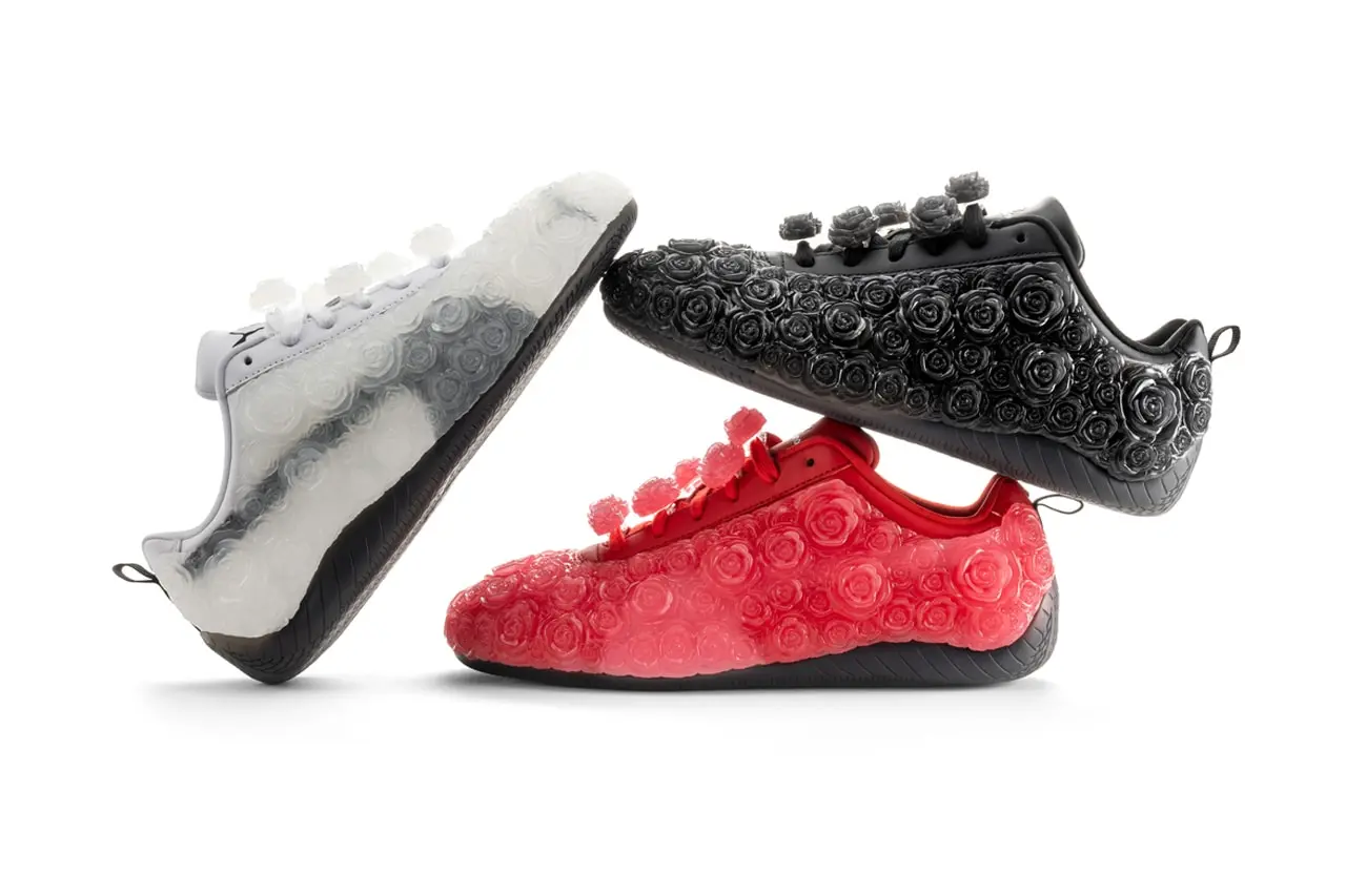 Black colorway of the Noir Kei Ninomiya x PUMA Speedcat with rose appliques