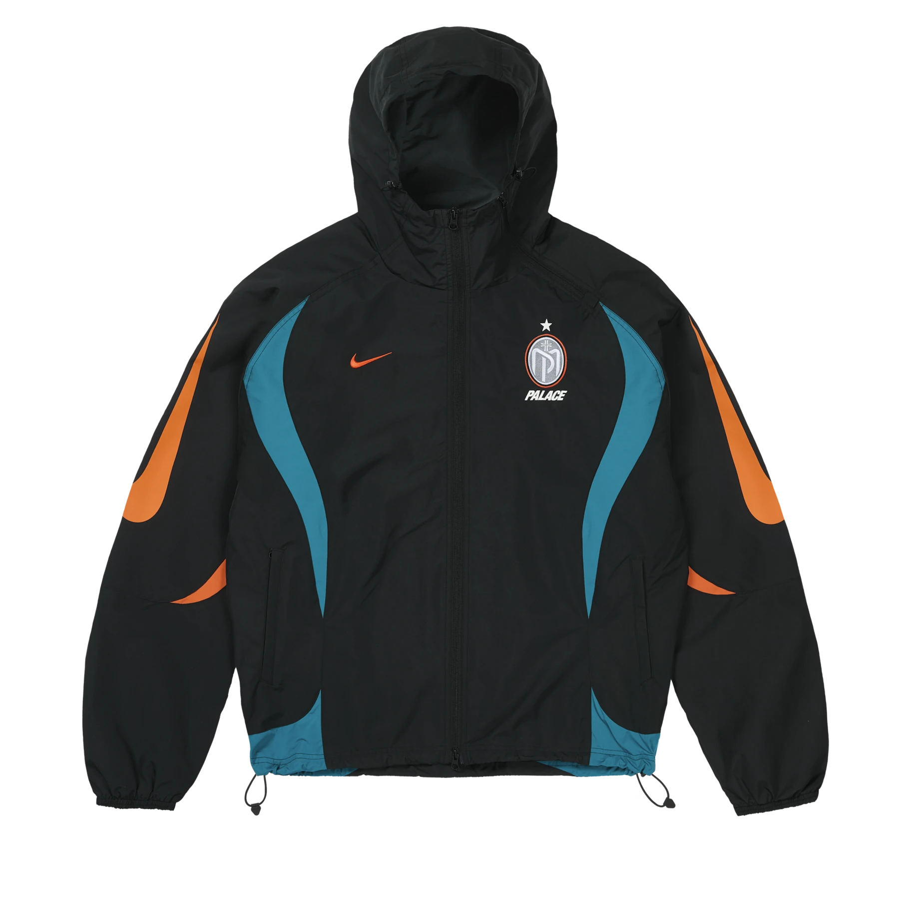 Black Manor Place FC jacket with teal underlay, custom crest, and oversized orange Swoosh