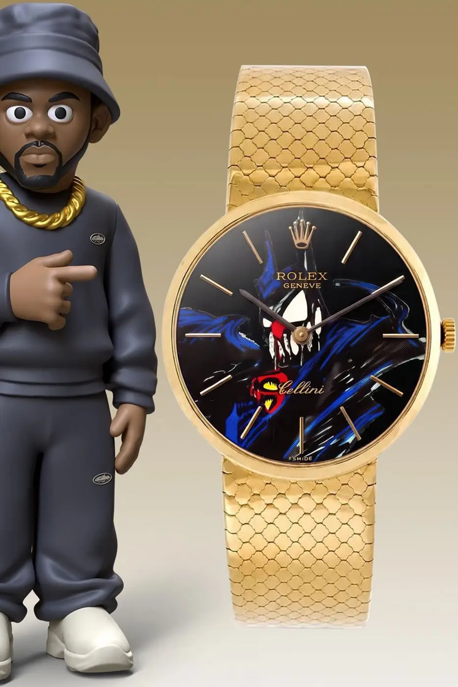 Close detail of Slawn's painted linework on a Rolex bezel and dial