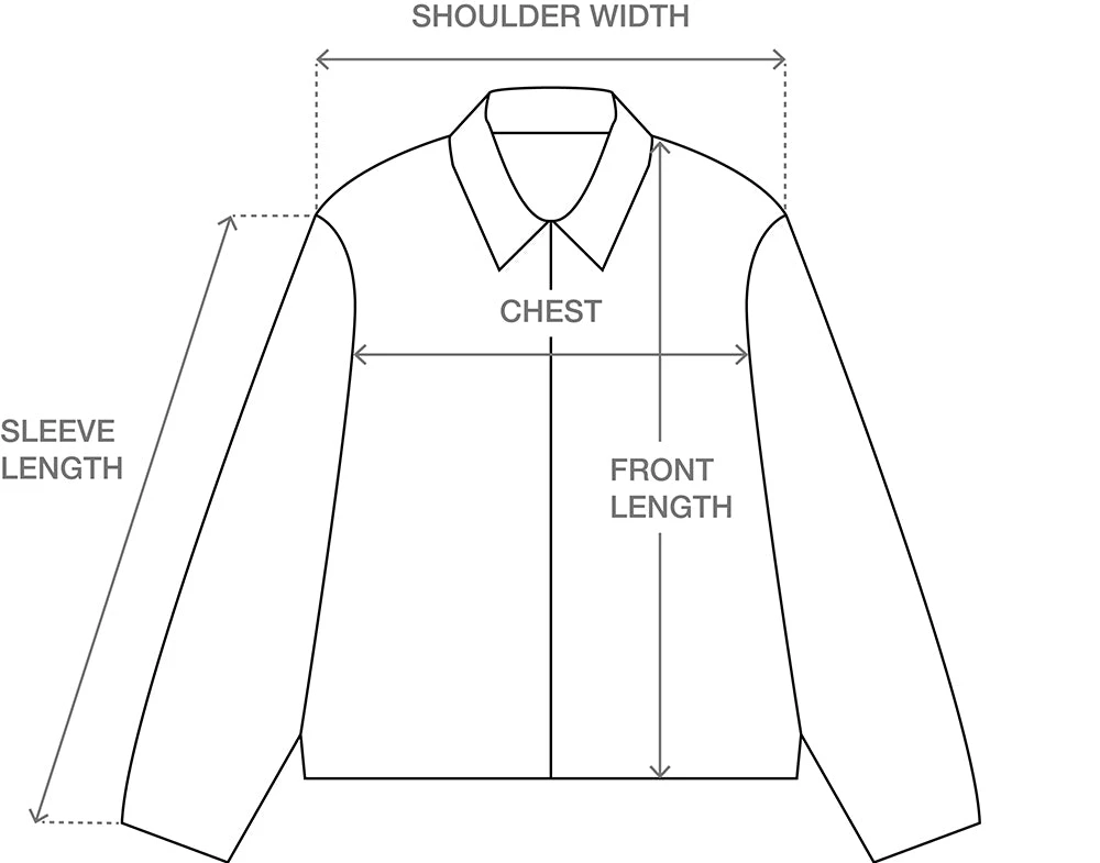 A size guide visual showing the jacket's boxy silhouette and proportions on a fit model.